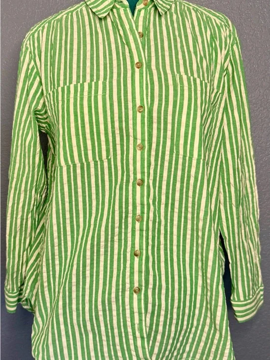 Pilcro Striped Button Down Shirt L Green White Cotton Long Sleeve - Picture 1 of 9